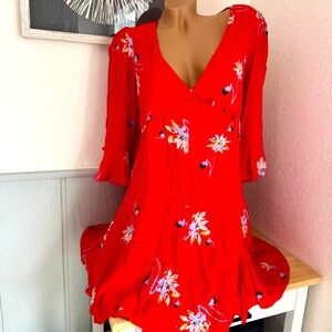 Free People M Time On My Side Red Floral Mini Dress Y2K Wrap feminine Sundress
